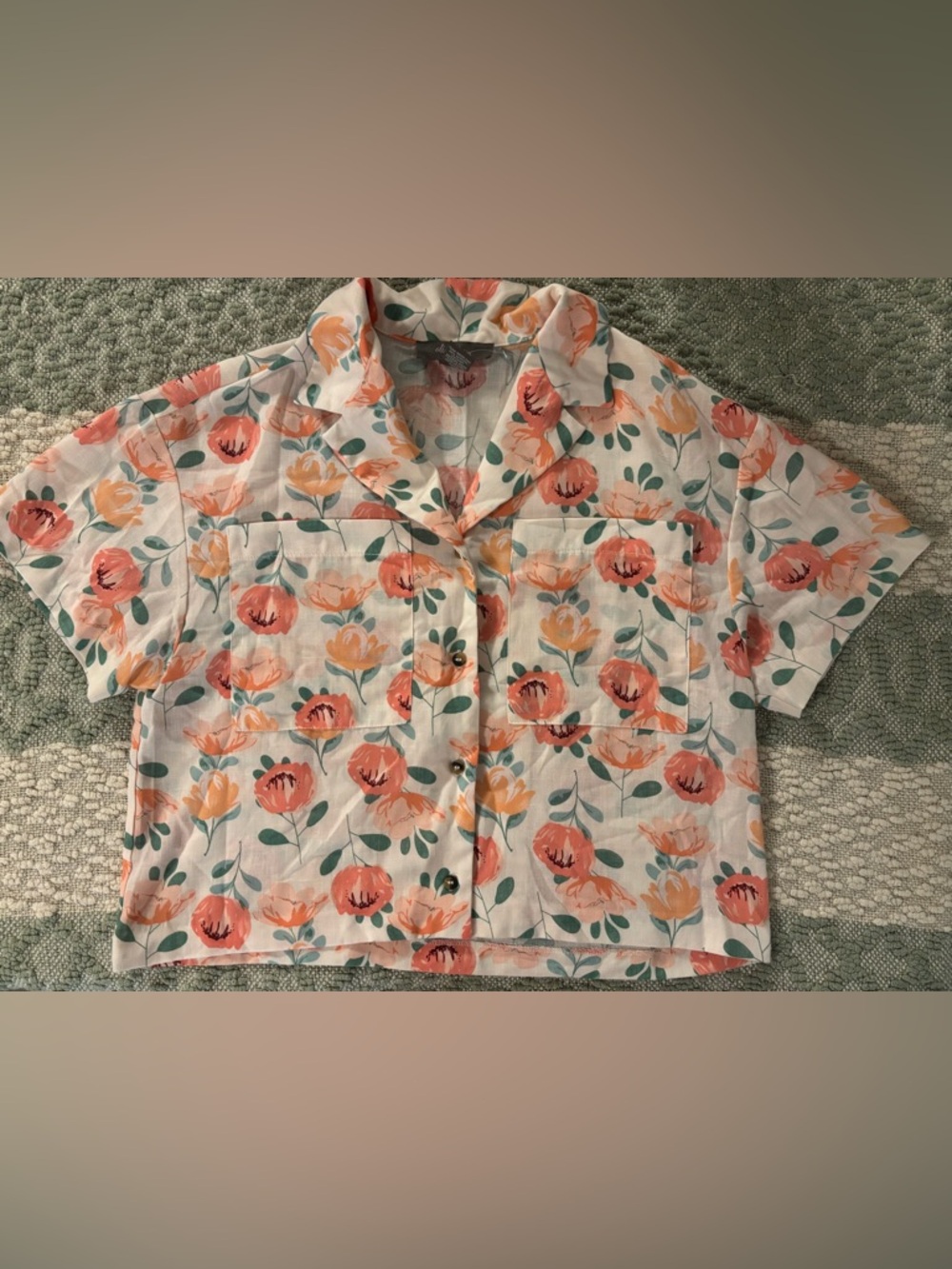 2/$25 Floral Short-Sleeve Button-Down Shirt - Peach & Green